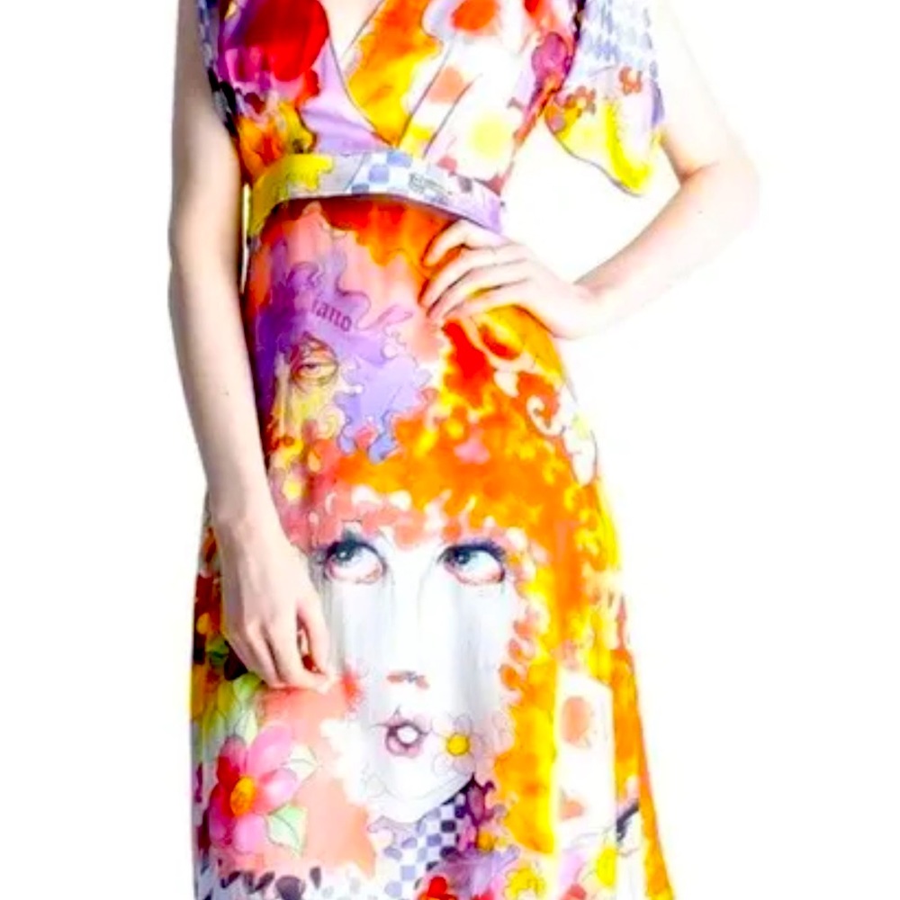 Silk Cold Shoulder Dress. Side zip, light, vibrant watercolor face print.